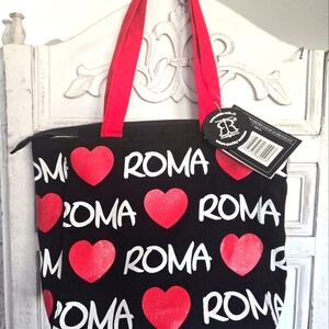 Robin Ruth NWT COA Roma Tote Bag Black with Red Hearts Red Straps and zipper